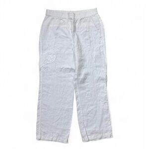 Chico's 0 White Embroidered Paisley 100% Linen Pull‎ on Wide Leg Pant 4 Small